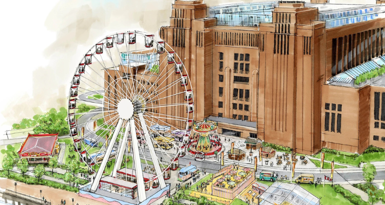An artist's rendering of the funfair at Battersea Power Station featuring a Ferris wheel and rink.