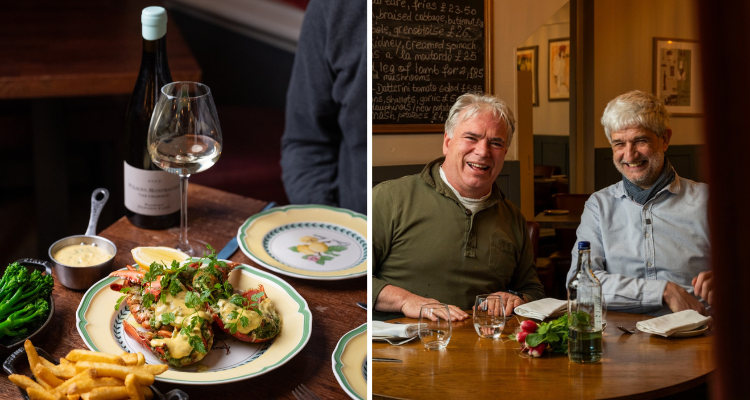 Collage of a lobster dish at a set table with fries and white wine, alongside chef Robert Reid and front-of-house maestro Jean-Christophe Slowik.