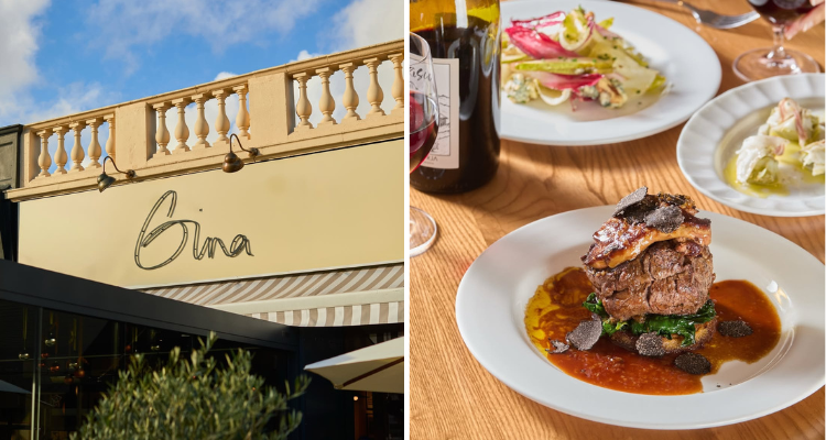 Collage of Gina's restaurant name on their exterior and a stacked-up dish of beef and truffle.