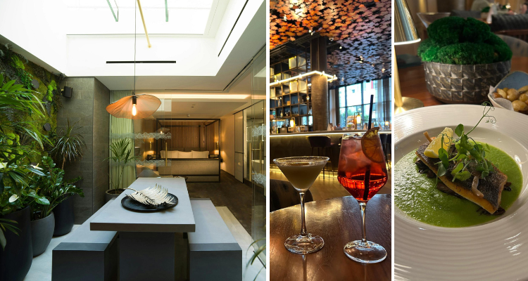 A collage showing the London hotel's leafy garden terrace, next to images of bright green pea and seafood plate and a duo of orange-hued cocktails.