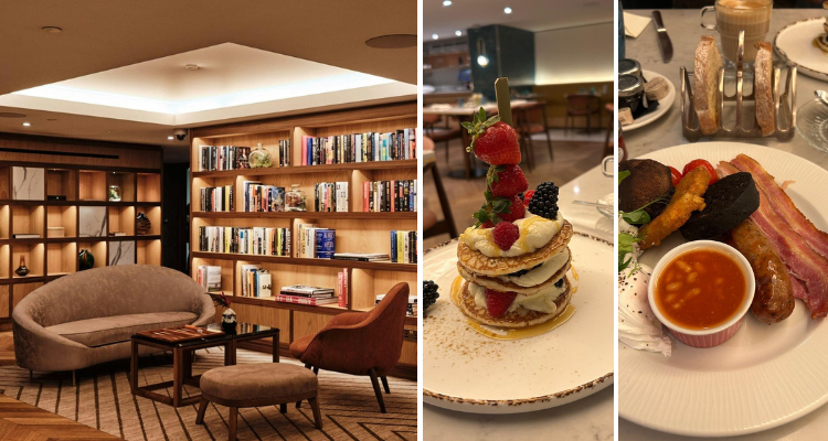 Middle Eight Hotel Covent Garden's restaurant and social area, boasting loads of books. It's next to an image of our breakfast: towering fruit pancakes and a full English.