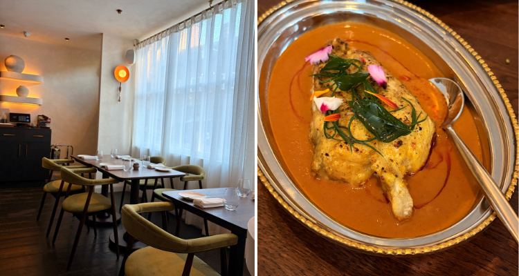 Interiors of OUDH 1722, and the monkfish dish.
