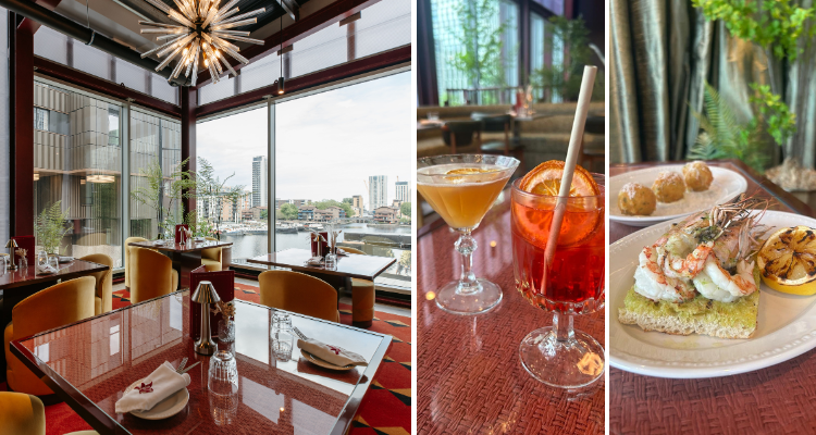 A picture of Songbird London’s gorgeous view, paired with a duo of sunset-coloured cocktails and the prawn starter.