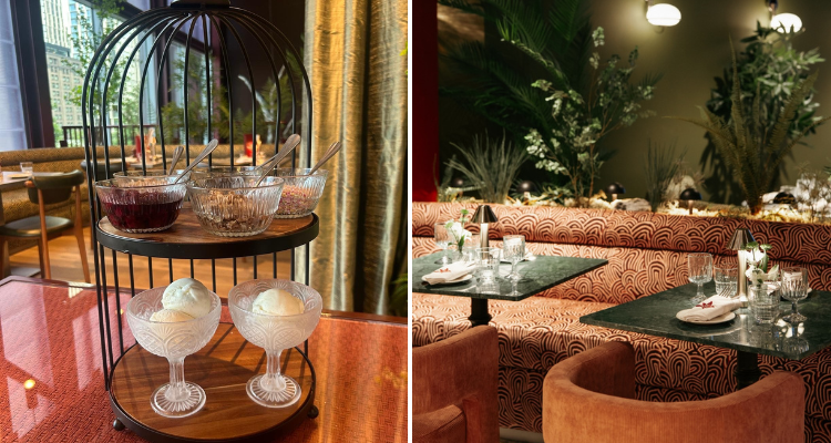 A collage of Songbird bar’s green-coloured seating and the showstopping birdcage sundae pudding.