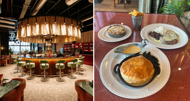 A collage of Songbird’s earthy toned bar space (with beigde curtains) next to a shot of my pie main dish.