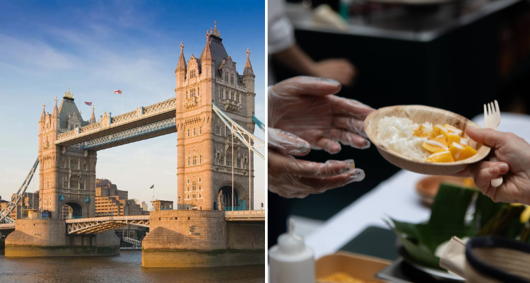 A split image of Tower Bridge and a gloved hand passing a bowl of mango sticky rice.