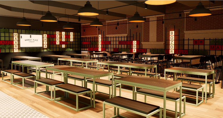 An artistic rendering of a food hall, with benches and tables.
