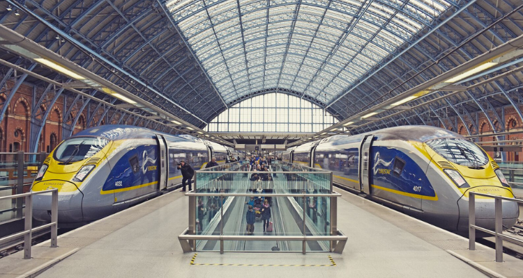 Two Eurostar trains in London St Pancras.