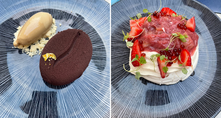 Pavlova and chocolate ganache.