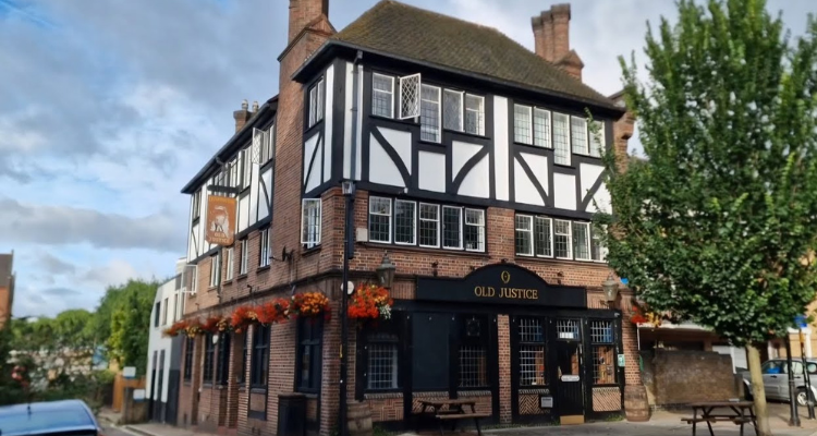The exterior of an old pub in London.