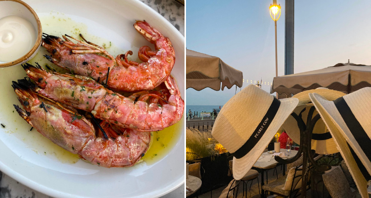 Garlic prawns and cute hat decorations with Pearly Cow written on them.