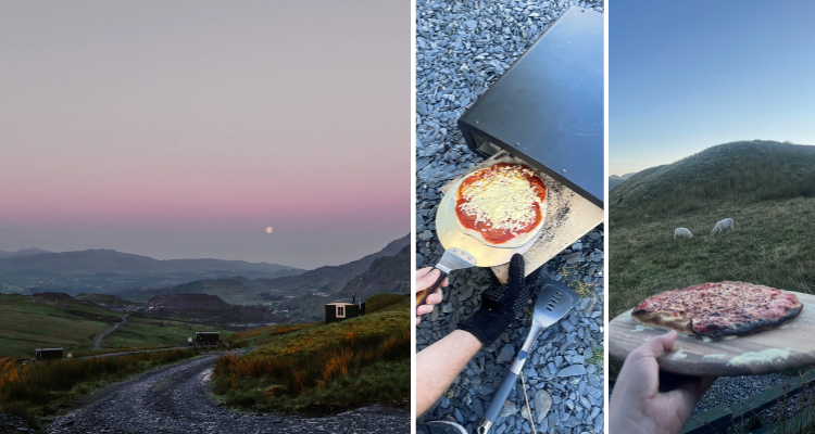 A picture of rolling hills, next to the pizza oven and the cooked pizza afterwards.