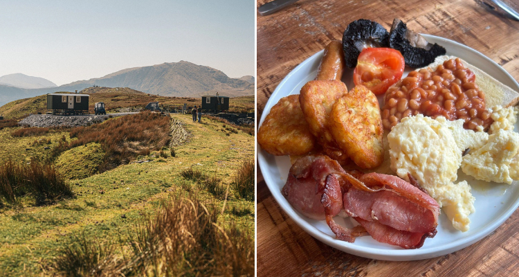 A picture of the two shepherd's huts, next to an image of our full English breakfast.