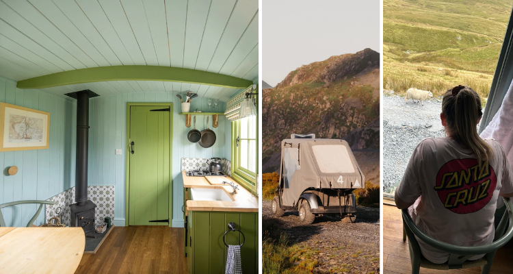 A collage of the green-hued interior of the cabin, the golf buggies that get you there and me gazing at sheep..