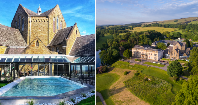 A split image of pool in front of a hotel and the hotel's sprawling estate.