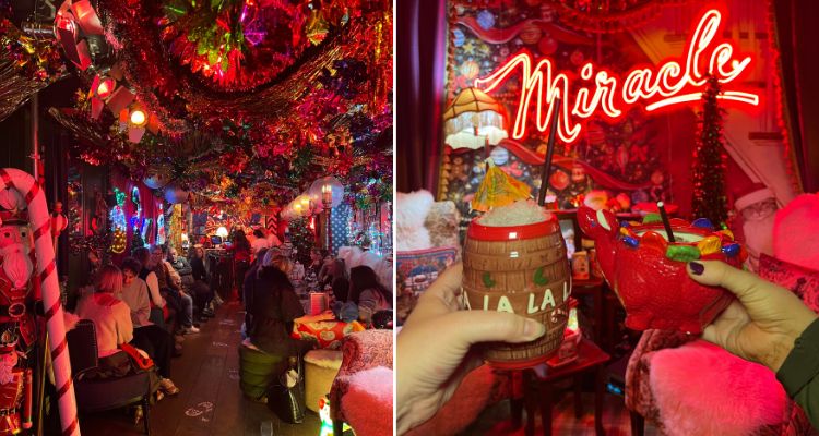 A split image of a Christmas-themed interior and two tropical cocktails in kitsch mugs.