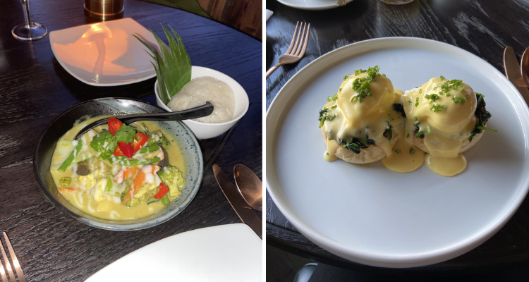 Thai green curry and eggs Florentine from Crazy Bear's restaurant.