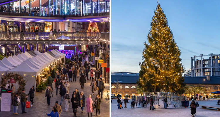 Collage of Granary Square market stalls and a Christmas tree in the square.