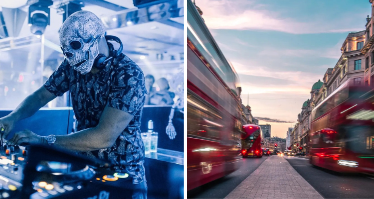 Halloween DJ and night buses in Central London collage | DesignMyNight
