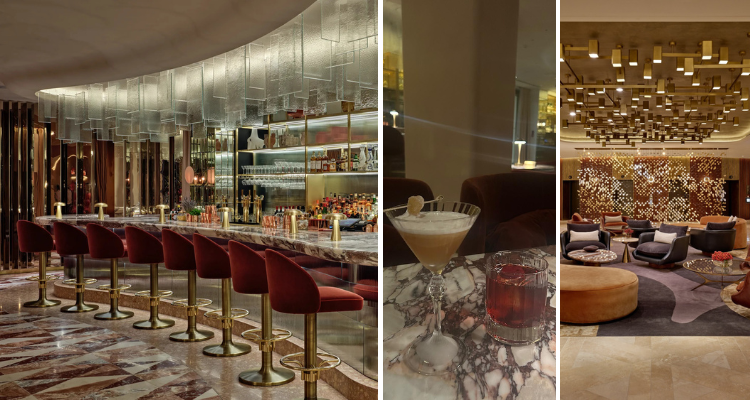 A collage showing the London hotel's glittering burgundy-toned bar area and shimmering gold reception, next to an image of our colourful cocktails.