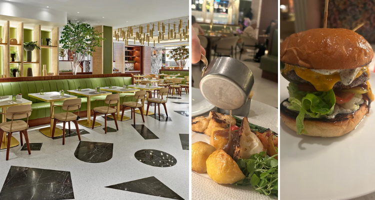 London Hilton Park Lane's restaurant, next to a picture of my roast dinner and a towering American-style burger.