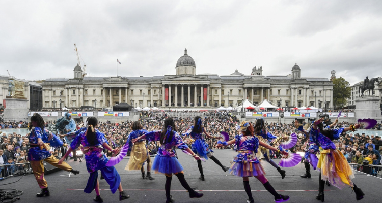 Performers on stage at Japan Matsuri festival in Trafalgar Square.