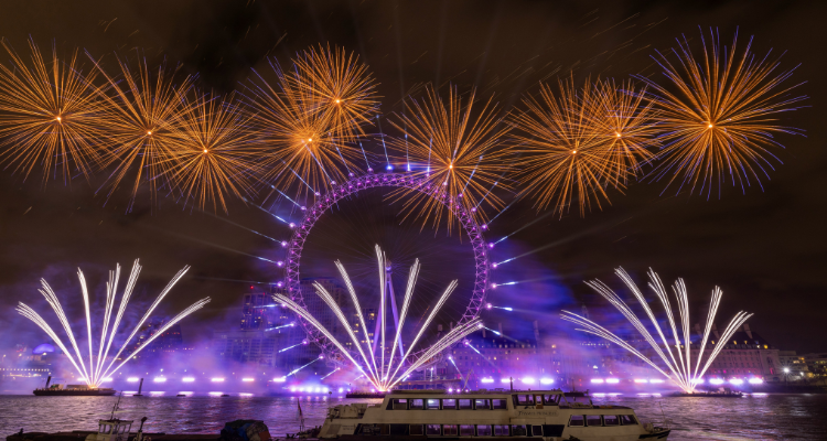 London Eye New Year's Eve fireworks.