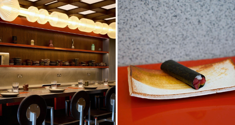Miokuru interiors and a handroll from the restaurant.