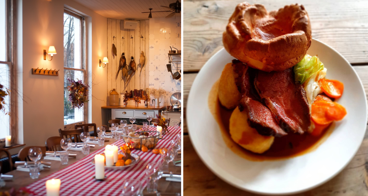 Collage of the interior and a roast dinner at The Pig and Butcher.