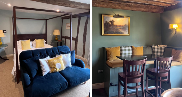 Pictures of the bedroom and the pub side by side at The Crown Bidelston.