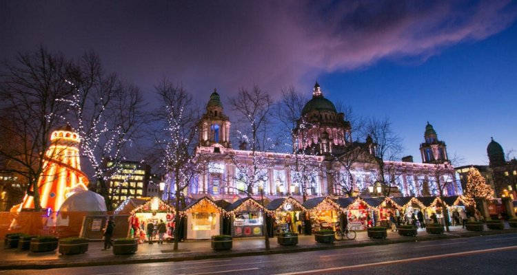 Christmas stalls outside of Belfast City Hall.
