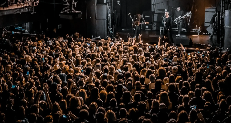 a large crowd of people watching a band on stage.