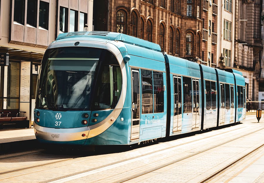 A tram travelling through Birmingham on New Year's Eve.