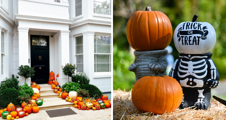 London house with pumpkin-covered steps and a trick or treat welcome pumpkin collage.