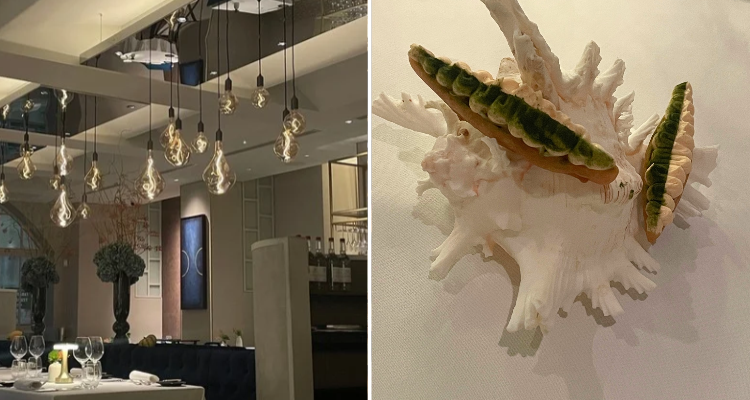 CORD Restaurant interiors and the crab and apple dish.