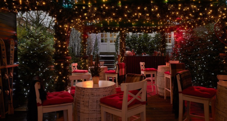 An indoor ski lodge-inspired bar.