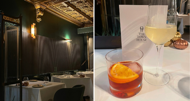 The Town House interiors and a negroni and white wine.