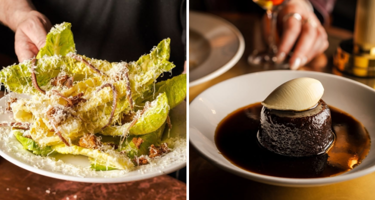 A plate of Hawksmoor Caesar salad next to a sticky toffee pudding with vanilla ice cream.