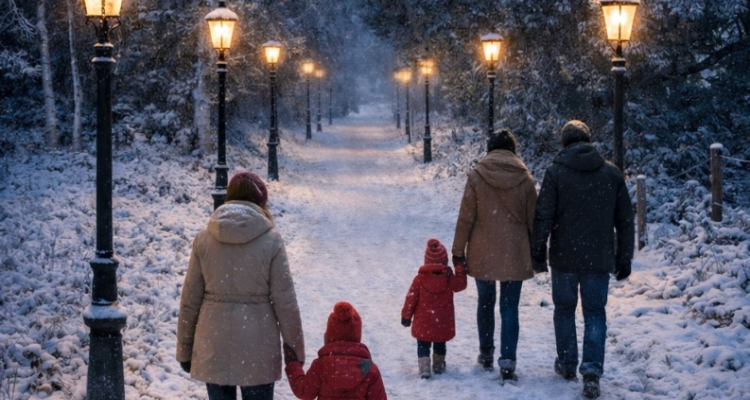 Adults and children walking down a snowy path at night.