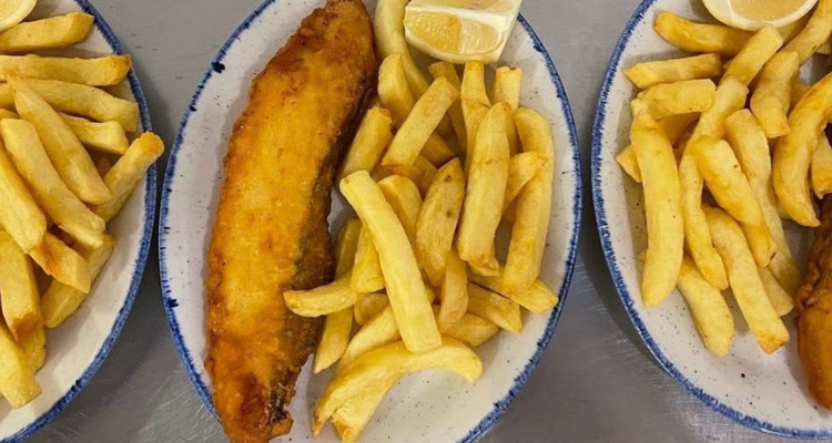 A close-up of plated fish and chips.