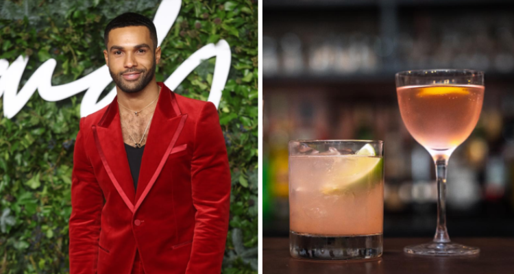 A split image of actor Lucien Laviscount on the red carpet and two pink cocktails from his bar.