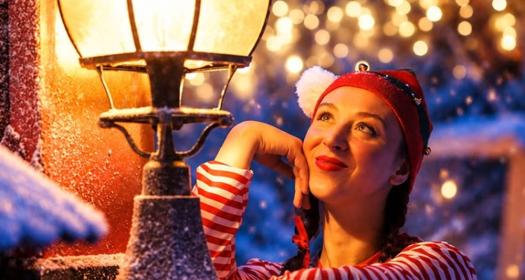 A woman dressed as an elf surrounded by snow looking into a lamp.